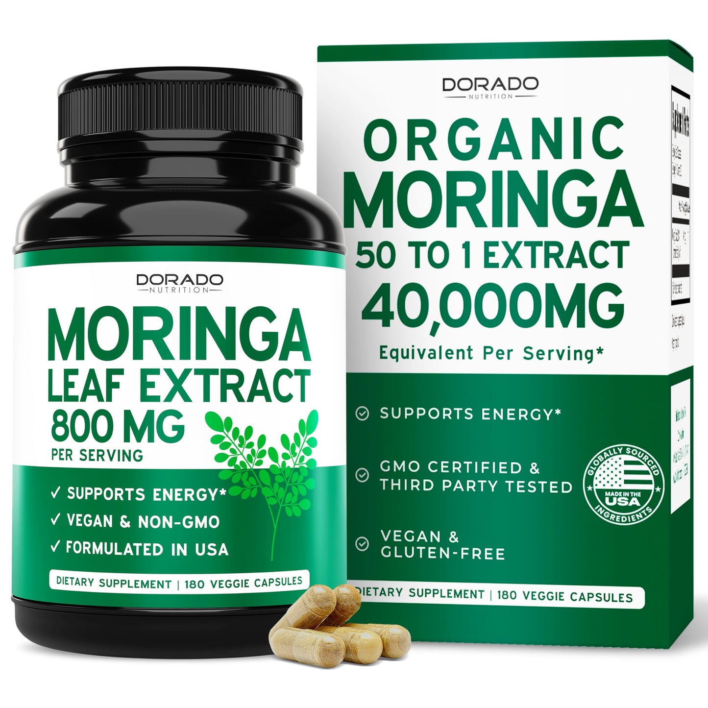 Organic Moringa Capsules 40,000mg | 180 Capsules | 3 Month Supply | Vegan, Non-GMO, USA Made