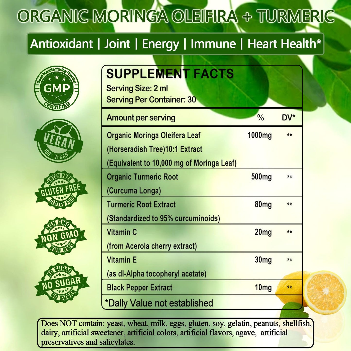 Pure Moringa Oleifera Liquid Drops with Turmeric & Black Pepper – Organic Moringa Supplement for Energy, Immunity, Skin, Joints & Gut