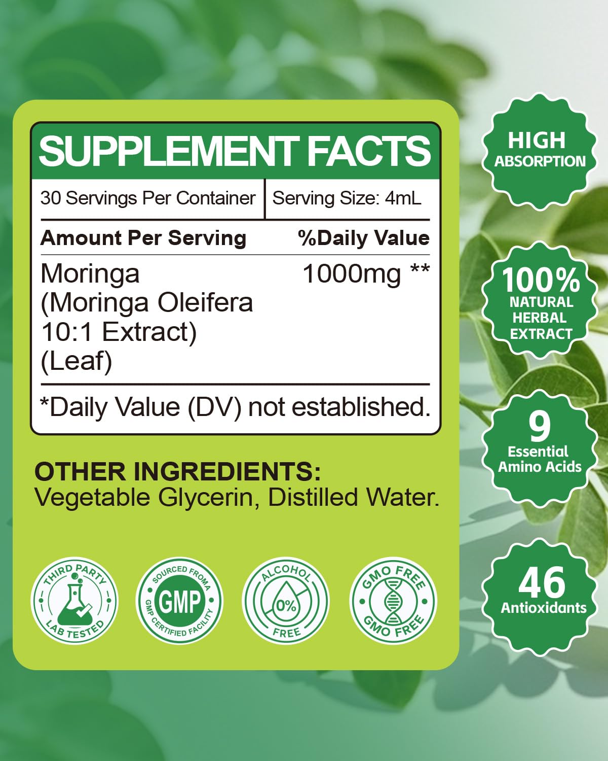Organic Moringa Liquid Drops – High Absorption (2 fl oz) | Non-GMO, Gluten Free, Immune & Metabolism Support