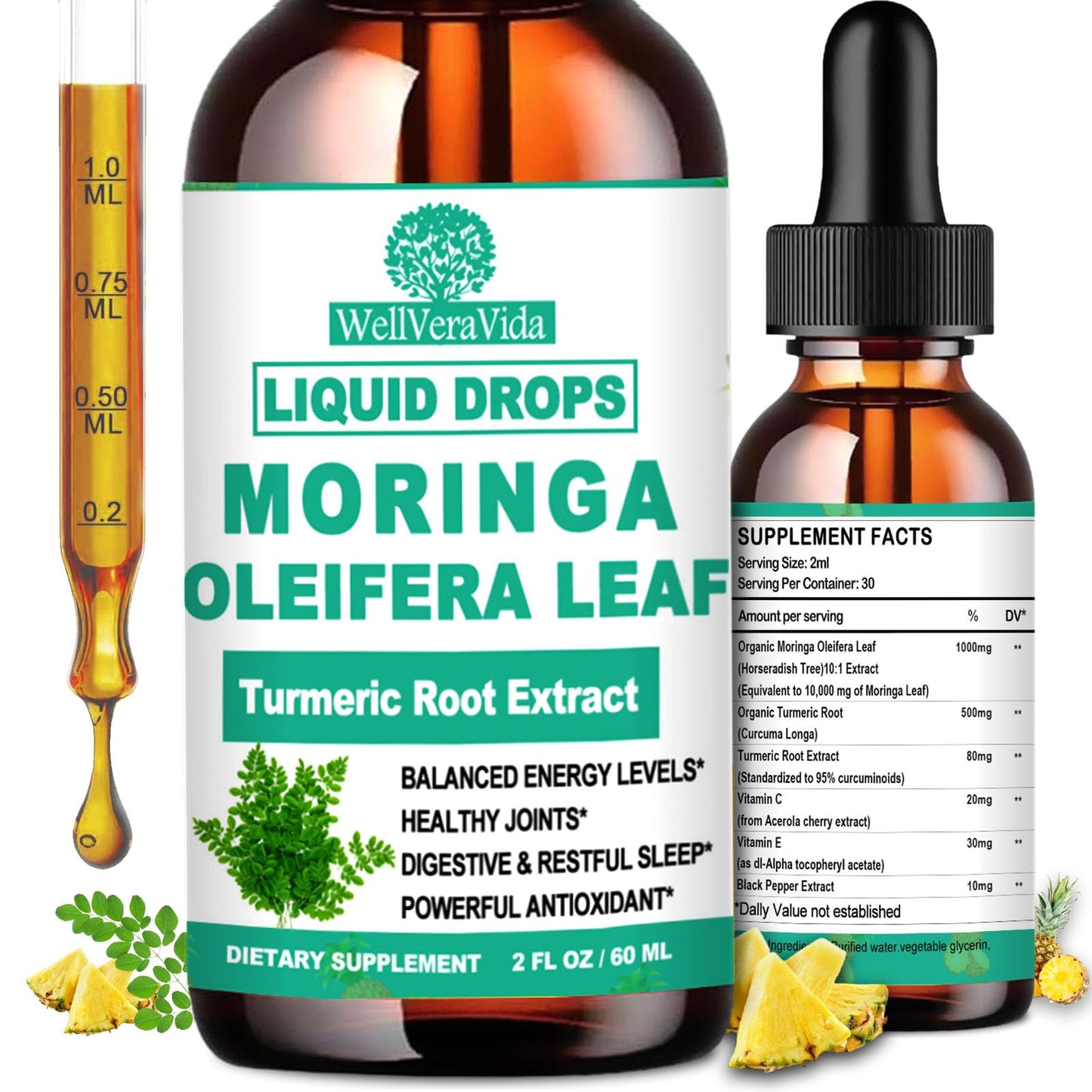 Organic Moringa Liquid Drops with Turmeric, Black Pepper & Vitamin C | Moringa Oleifera