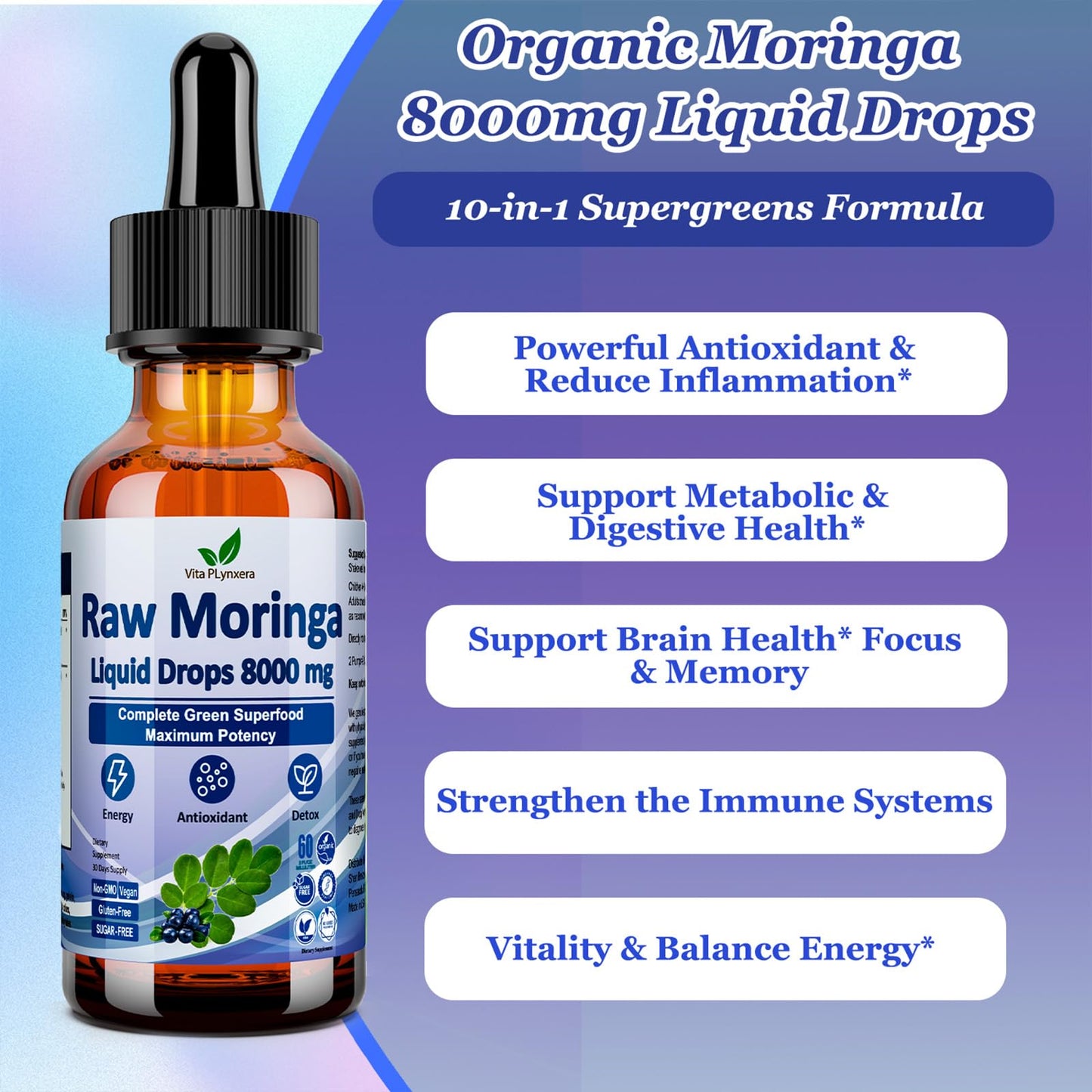 Raw Moringa Liquid Drops 8000 mg – Organic Moringa Oleifera + Supergreens 60ml