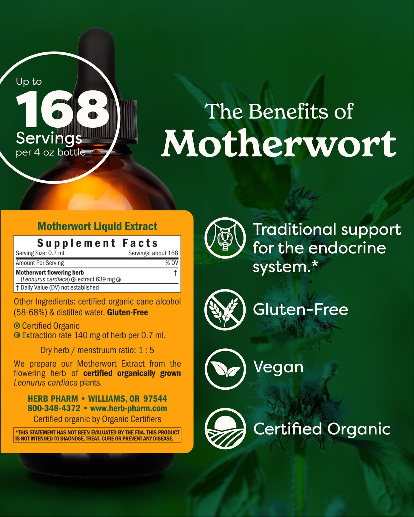 Herb Pharm Certified Organic Motherwort Liquid Extract – Endocrine Support (4 oz)