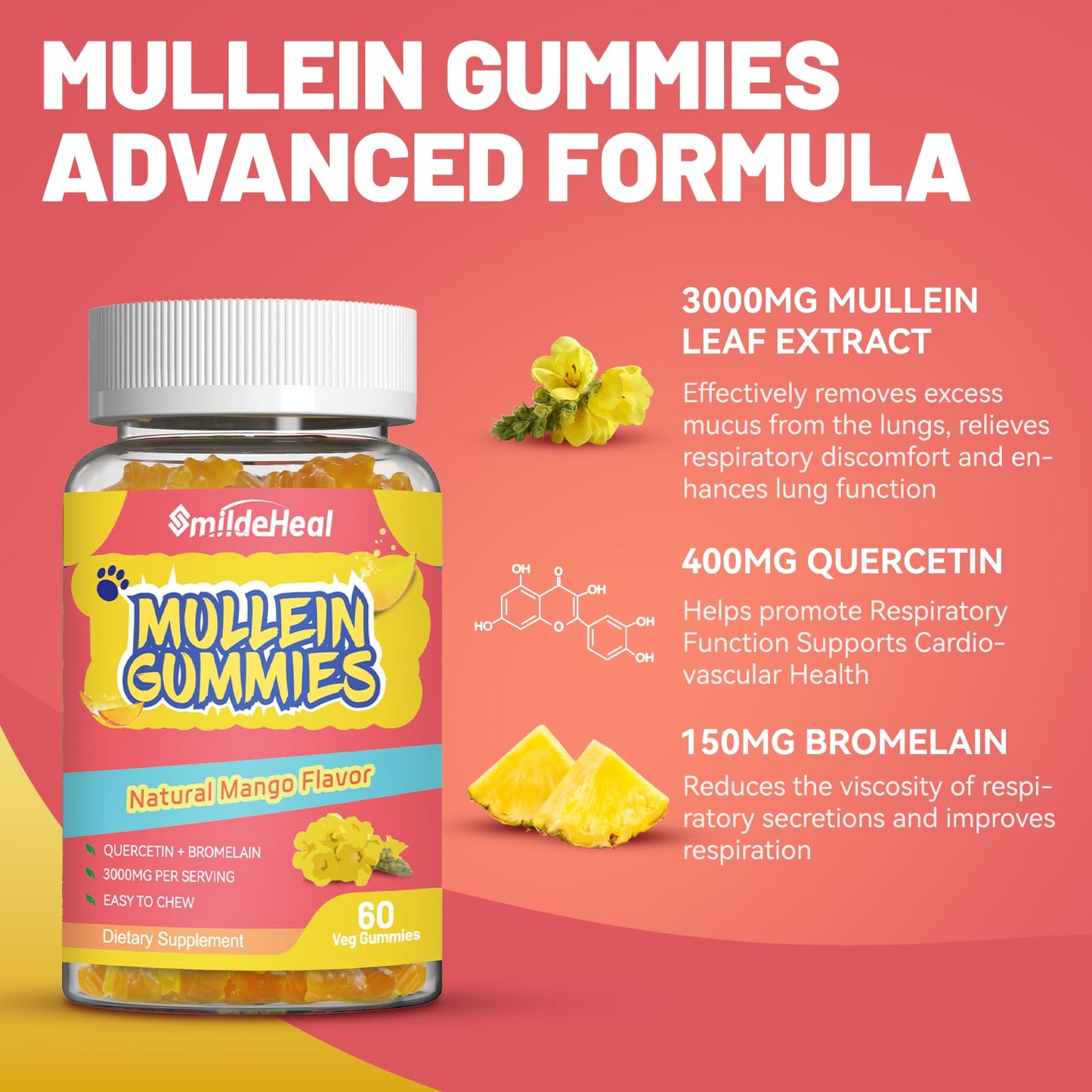 2 Pack Mullein Gummies 3000MG, Sugar Free Mullein Gummies with Bromelain & Quercetin, Mullein Leaf Extract Supplements for Lungs, Vegan, 120 Count