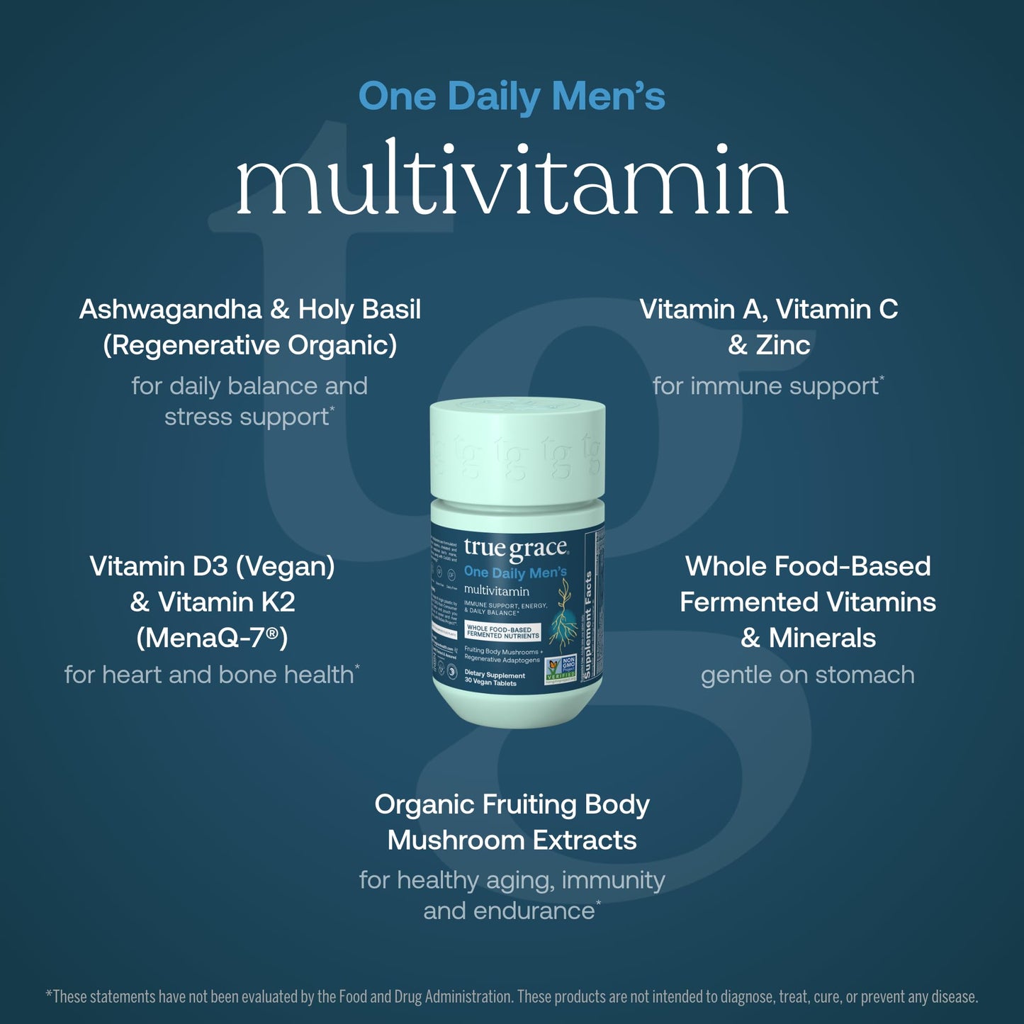 True Grace One Daily Men's Multivitamin - Fermented Minerals, Organic Adaptogens & Mushrooms