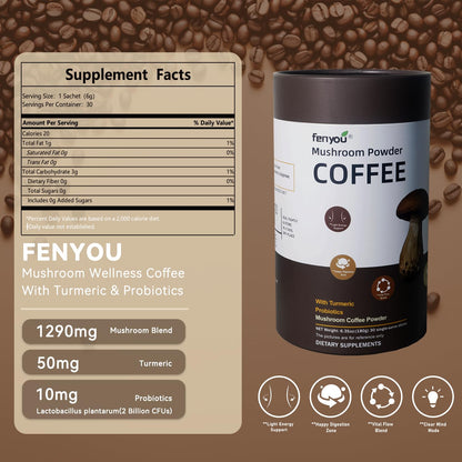 Organic Mushroom Coffee with Cordyceps & Turmeric – Gourmet Arabica Instant Coffee, 30 Servings (180g)