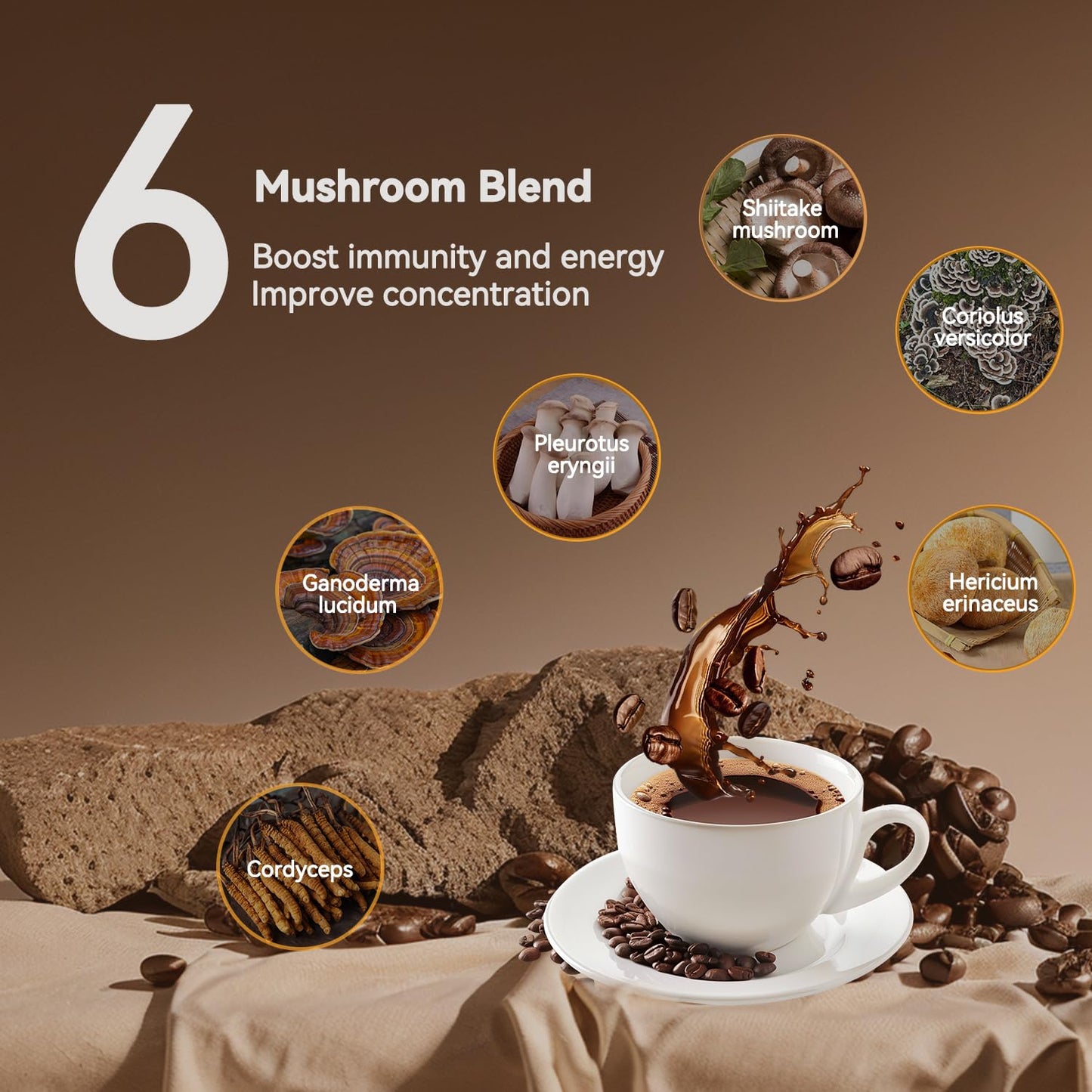 Organic Mushroom Coffee with Cordyceps & Turmeric – Gourmet Arabica Instant Coffee, 30 Servings (180g)