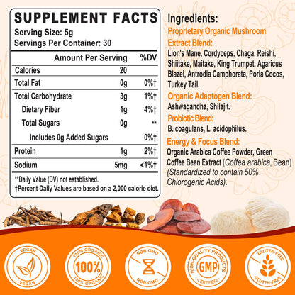 Organic Mushroom Coffee — 11 Superfood Mushrooms (Lion’s Mane, Reishi, Chaga) 5.3oz