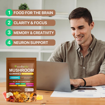 Lions Mane Mushroom Gummies Supplement Blend Organic Reishi, Cordyceps & More, Boosts Energy, Memory, Immunity - 80 Gummies (2)