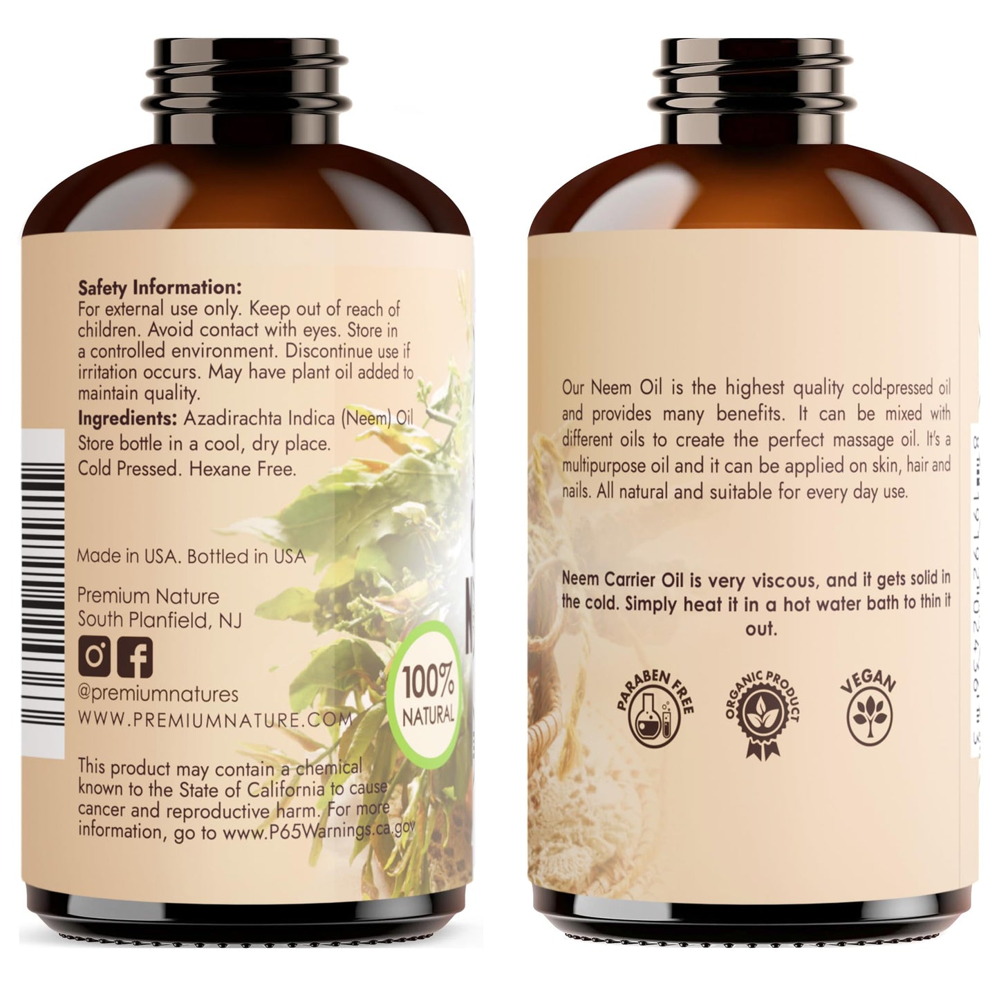 Organic Neem Oil 100% Pure Cold-Pressed – Skin, Hair & Plants (4 oz)