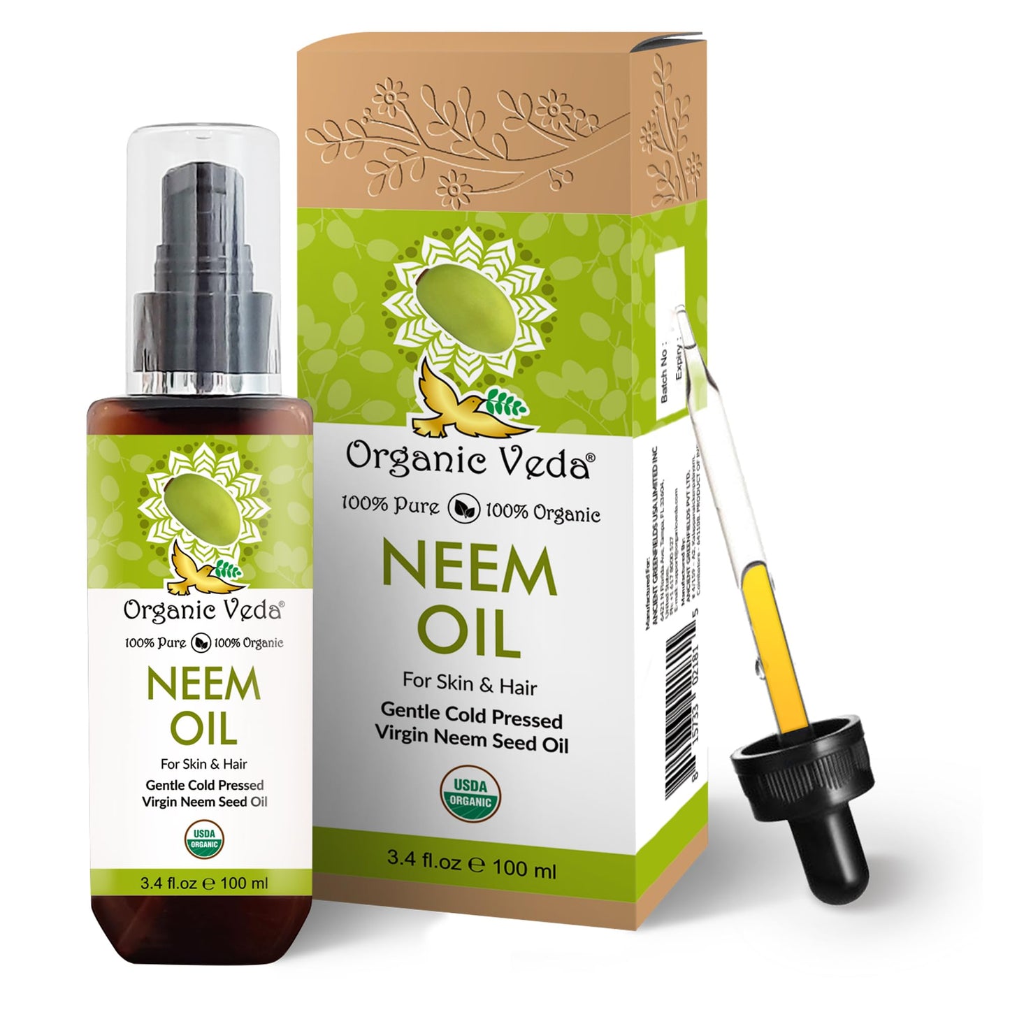 Organic Veda Neem Oil - Pure Cold-Pressed Neem Oil for Skin & Hair