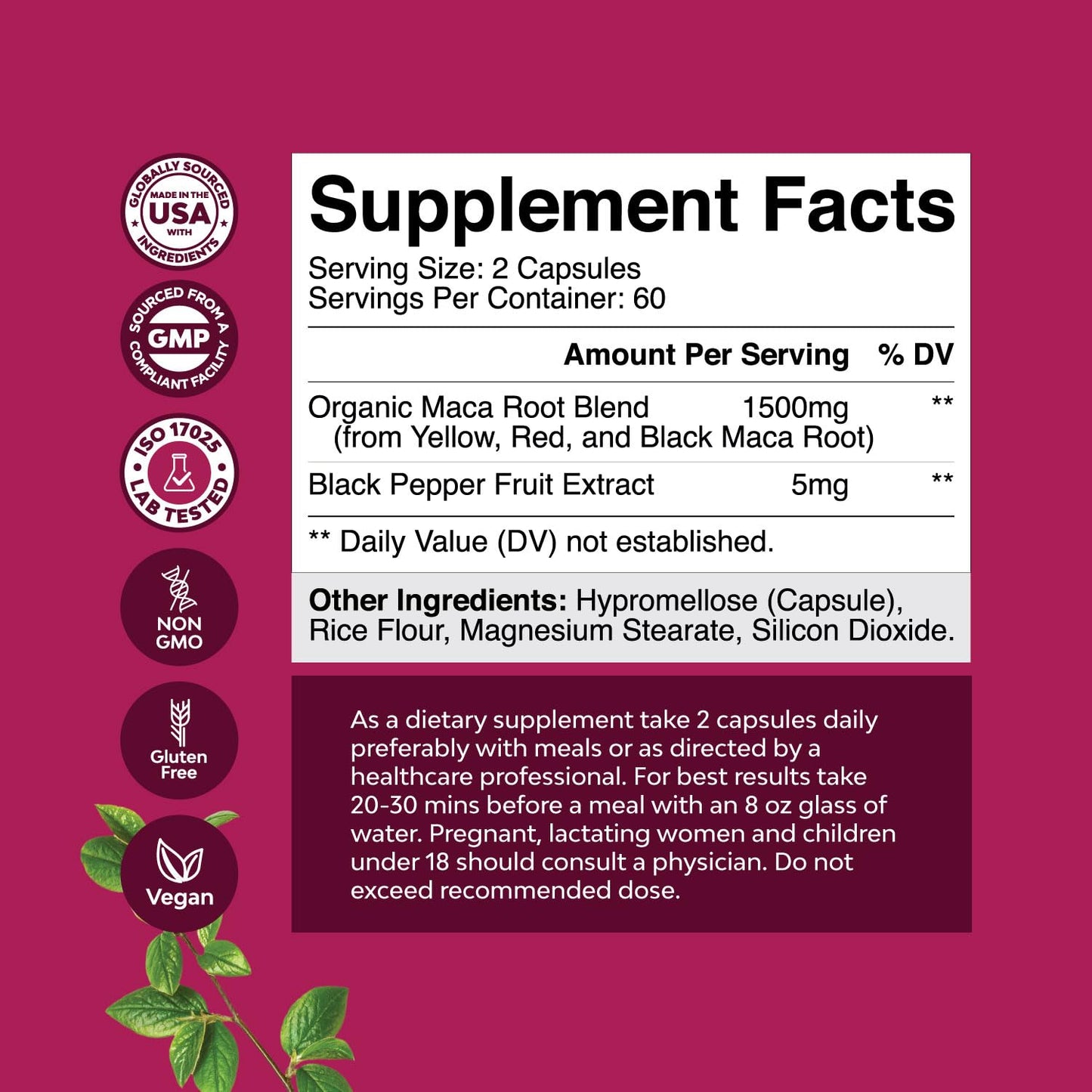 Organic Maca Root Capsules for Women – Non-GMO, Vegan, Gluten-Free (120ct)