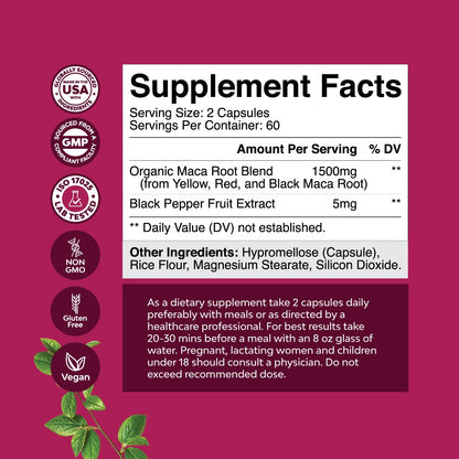 Organic Maca Root Capsules for Women – Non-GMO, Vegan, Gluten-Free (120ct)