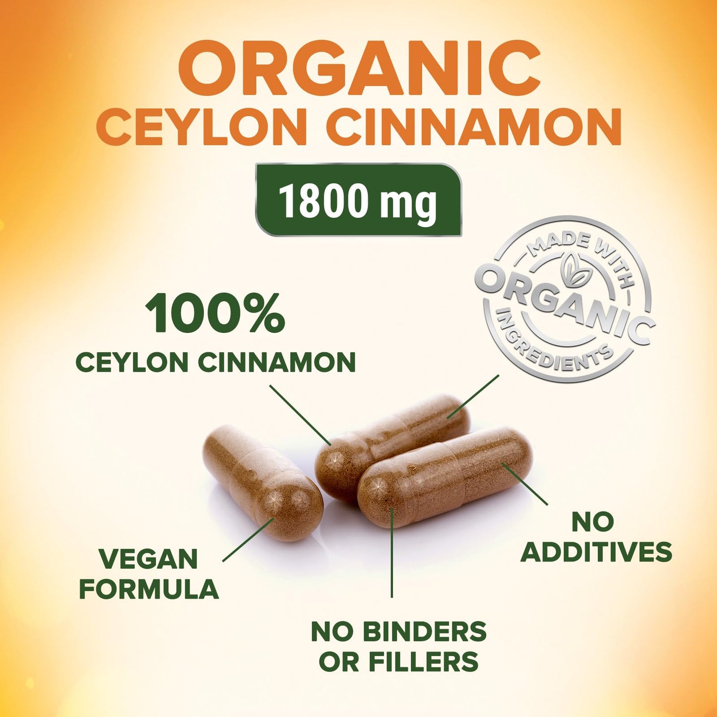 Ceylon Cinnamon Capsules 1800mg - Organic, Non-GMO, Gluten Free | 120 Capsules
