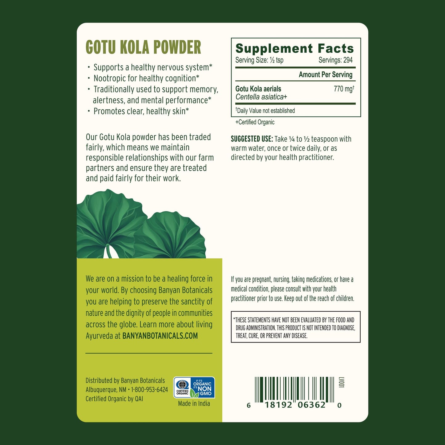 Gotu Kola Powder – Organic Brahmi (Centella Asiatica) | Calming Nootropic | Banyan Botanicals