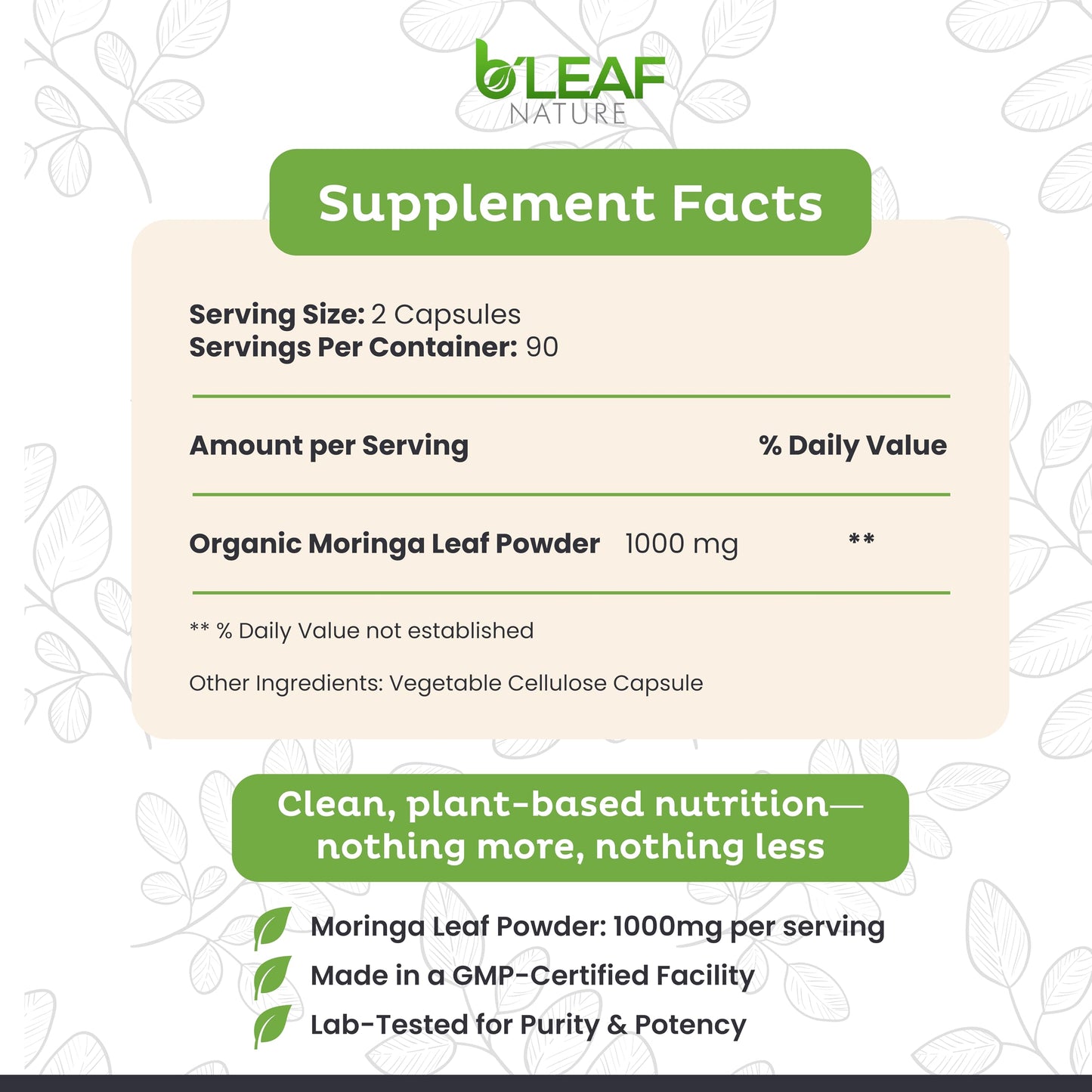 B’Leaf Nature Organic Moringa Capsules 1000mg – Immune Support, Energy & Wellness (Vegan, Non-GMO) | 180 Count