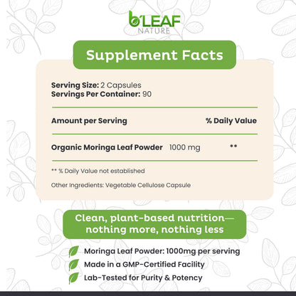 B’Leaf Nature Organic Moringa Capsules 1000mg – Immune Support, Energy & Wellness (Vegan, Non-GMO) | 180 Count