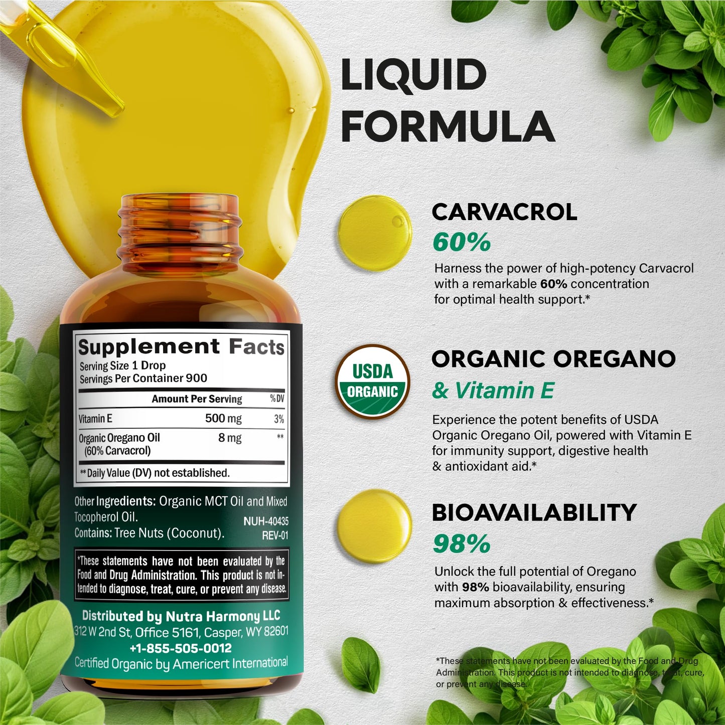 USDA Organic Oil of Oregano Drops with Vitamin E – Immune Support, Digestion Health & Antioxidants | Made in USA