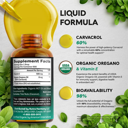 USDA Organic Oil of Oregano Drops with Vitamin E – Immune Support, Digestion Health & Antioxidants | Made in USA