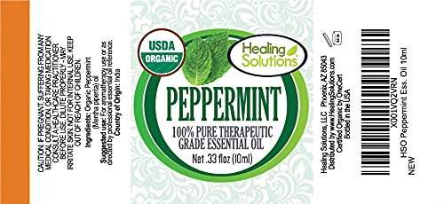 Healing Solutions Organic Peppermint Essential Oil 0.33 oz (10 ml) – Pure, Undiluted Therapeutic Peppermint Oil for Hair & Skin