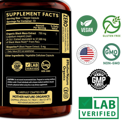 Black Maca Root 50:1 Extract 37,500mg – 60 Capsules | Organic Peruvian Maca