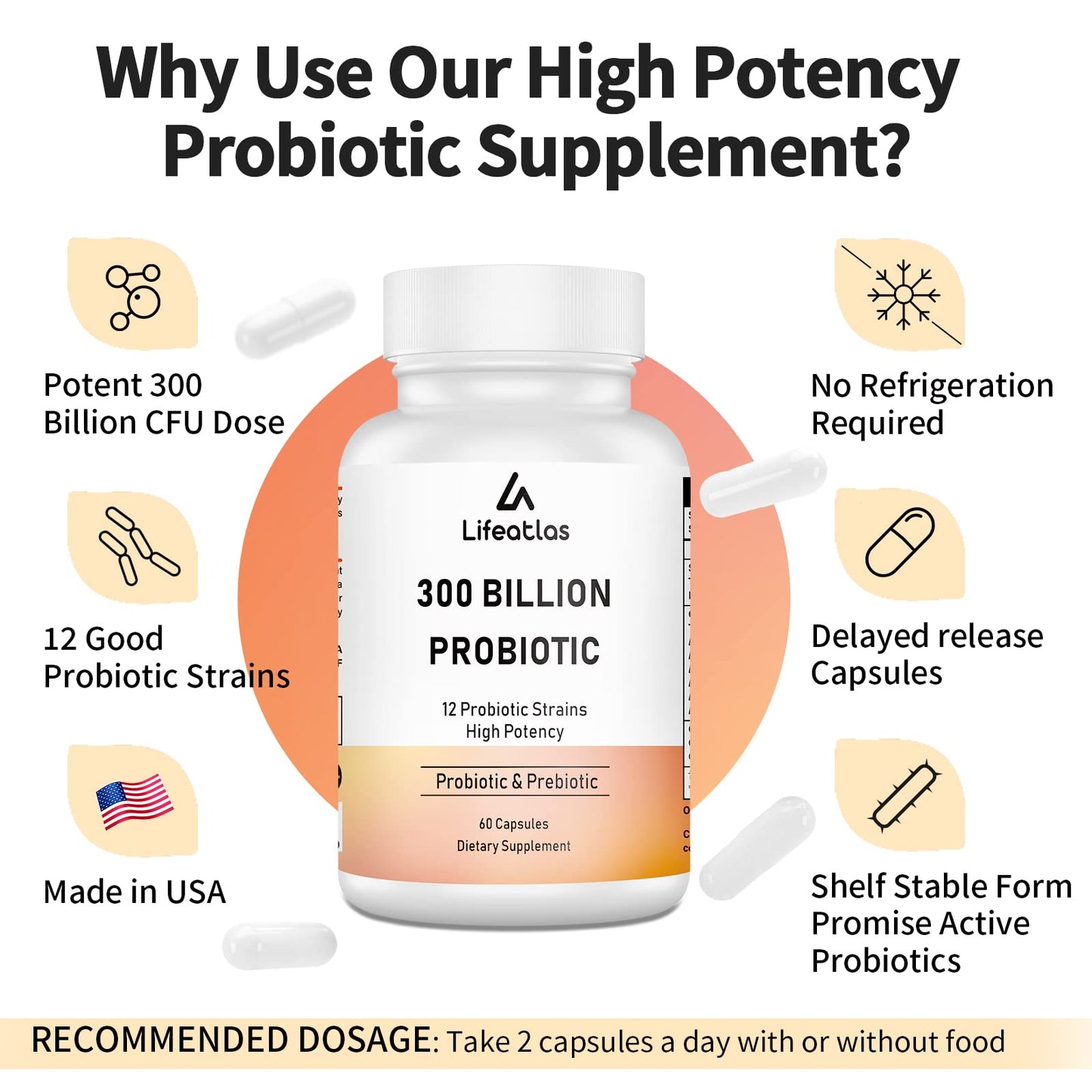 300 Billion CFU Probiotics - Gut Health, 12 Strains + Prebiotic, 60 Caps
