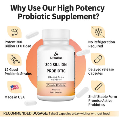 300 Billion CFU Probiotics - Gut Health, 12 Strains + Prebiotic, 60 Caps