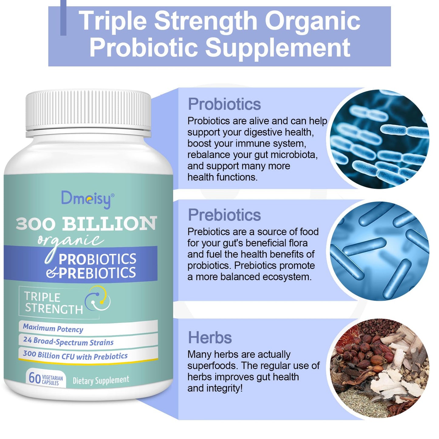 Probiotics for Women and Men – 300B CFU, 24 Strains + 15 Organic Herbs (2 Month Supply)
