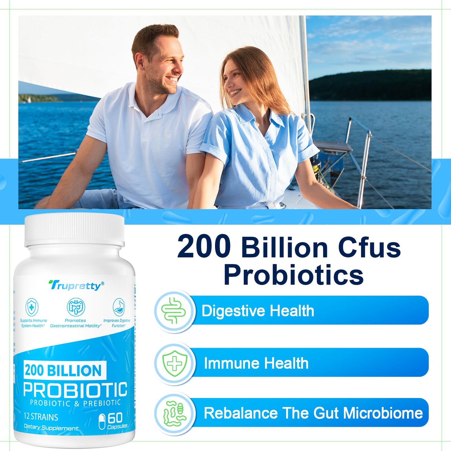 200 Billion CFUs Probiotic: 12 Strains + 3 Organic Prebiotics | Women & Men, 60 Caps, Shelf-Stable, Non-GMO
