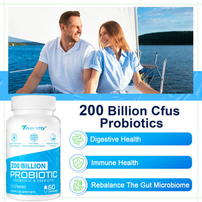 200 Billion CFUs Probiotic: 12 Strains + 3 Organic Prebiotics | Women & Men, 60 Caps, Shelf-Stable, Non-GMO