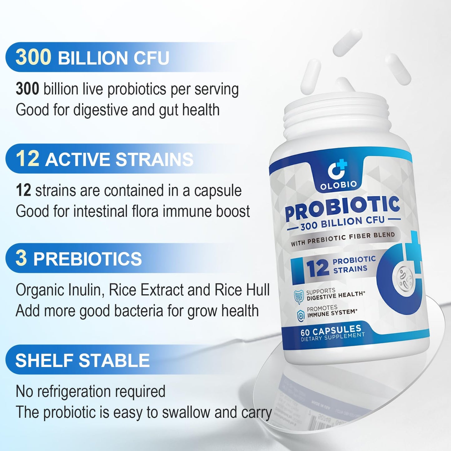 300 Billion CFU Probiotic – 12 Strains + 3 Prebiotics, Vegan