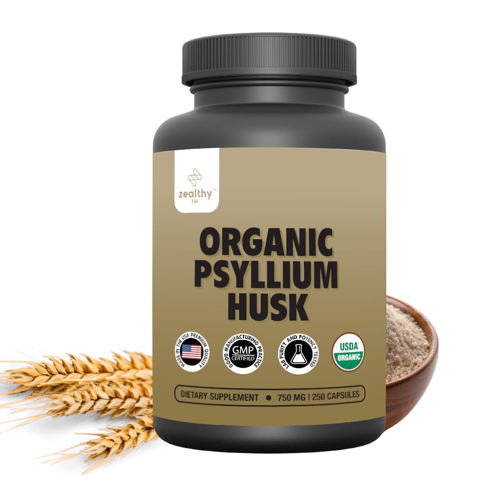 Organic Psyllium Husk Capsules 750 mg – Natural Fiber for Gut Health | Zealthy Life, 250 Capsules