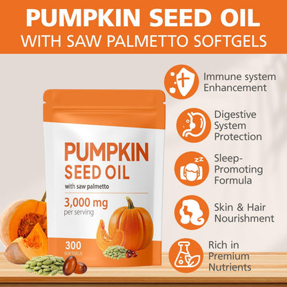 Pumpkin Seed Oil with Saw Palmetto Capsules - Organic Pumpkin Seeds Oil Supplement - Cold Pressed, Pure Virgin Oil - Supports Hair, Urinary, Bladder & Prostate Health, Vegan, Non-GMO, 300 Softgels