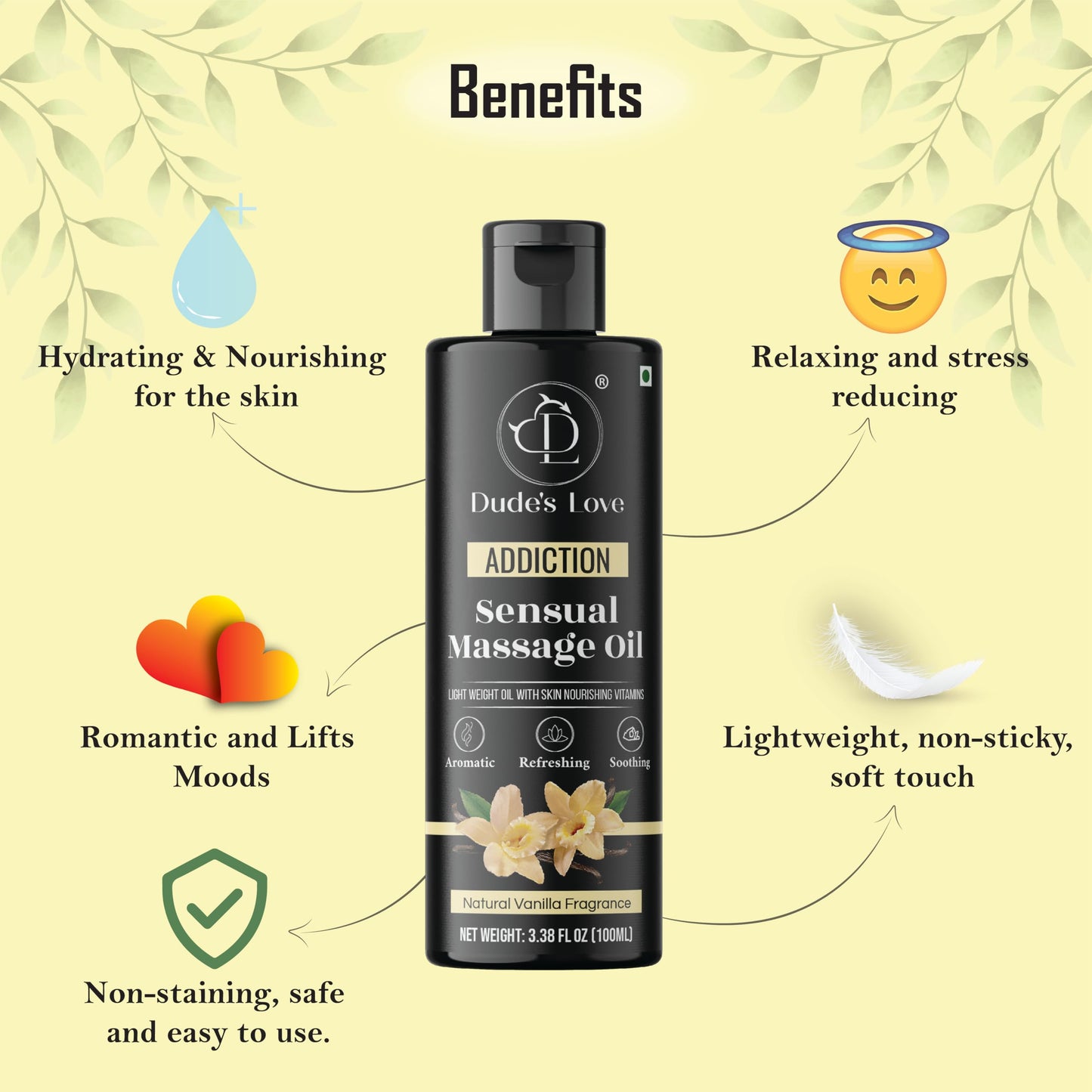 Organic Sensual Delights Vanilla Massage Oil - No Stain & Non-Sticky | Fractionated Coconut Oil, Jasmine