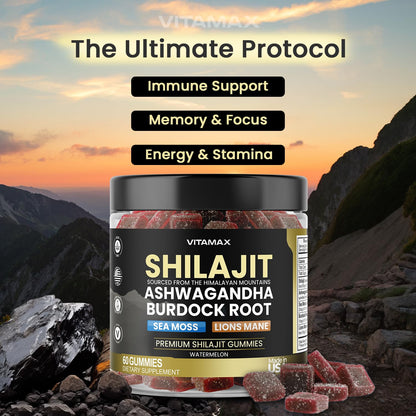 Organic Shilajit Gummies with Sea Moss & Ashwagandha – Watermelon Flavor, 60ct – Vegan, Non-GMO, Made in USA