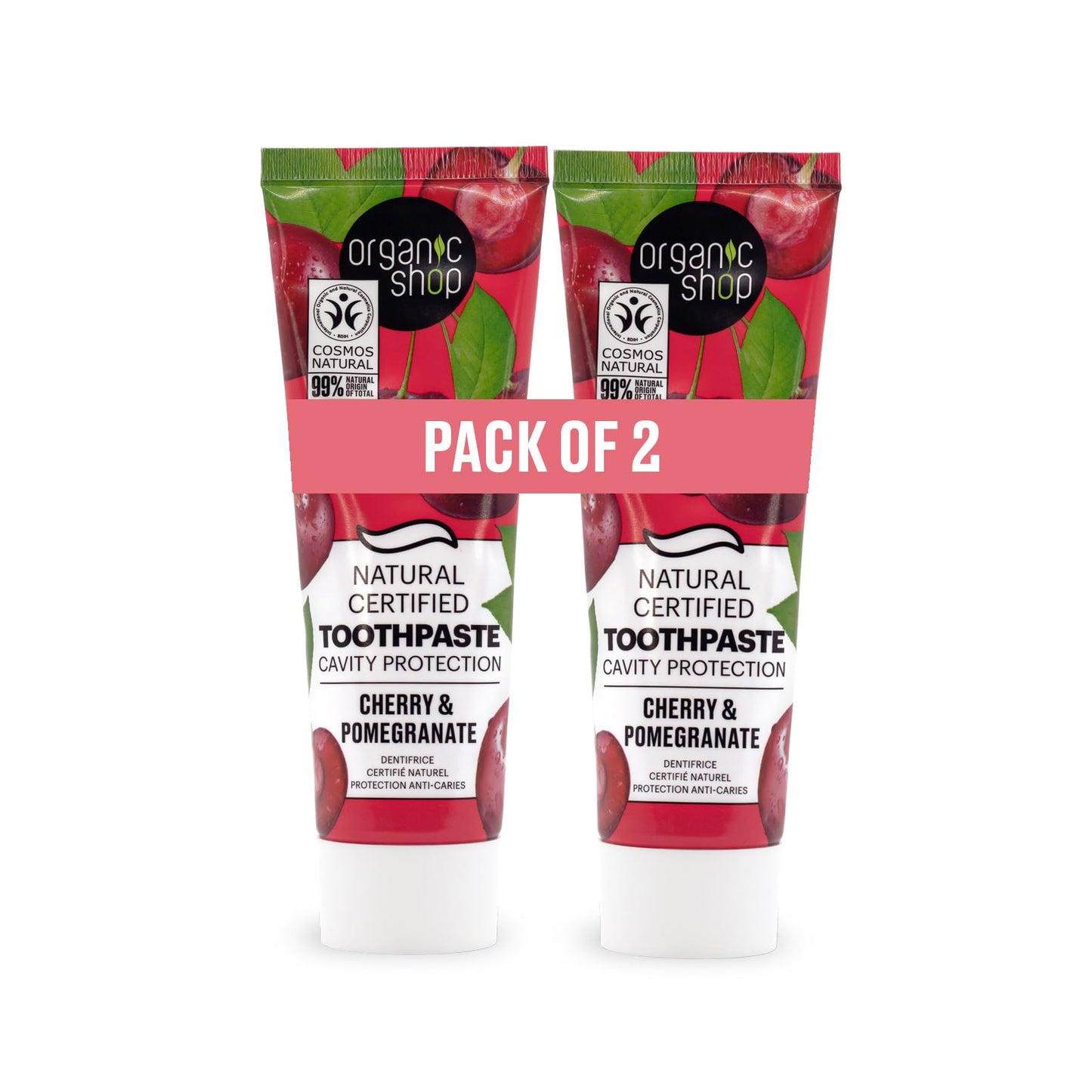 Organic Shop Cherry Toothpaste – Cavity Protection, Natural Ingredients, Fluoride-Free, Vegan & COSMOS Natural Certified – Pack of 2