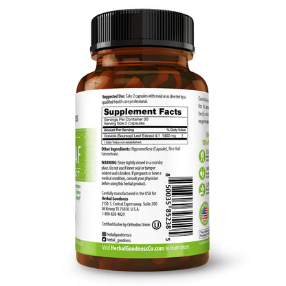 Herbal Goodness Graviola Soursop Capsules 700mg | Organic Non-GMO Guanabana (Guanabana) 60 Count
