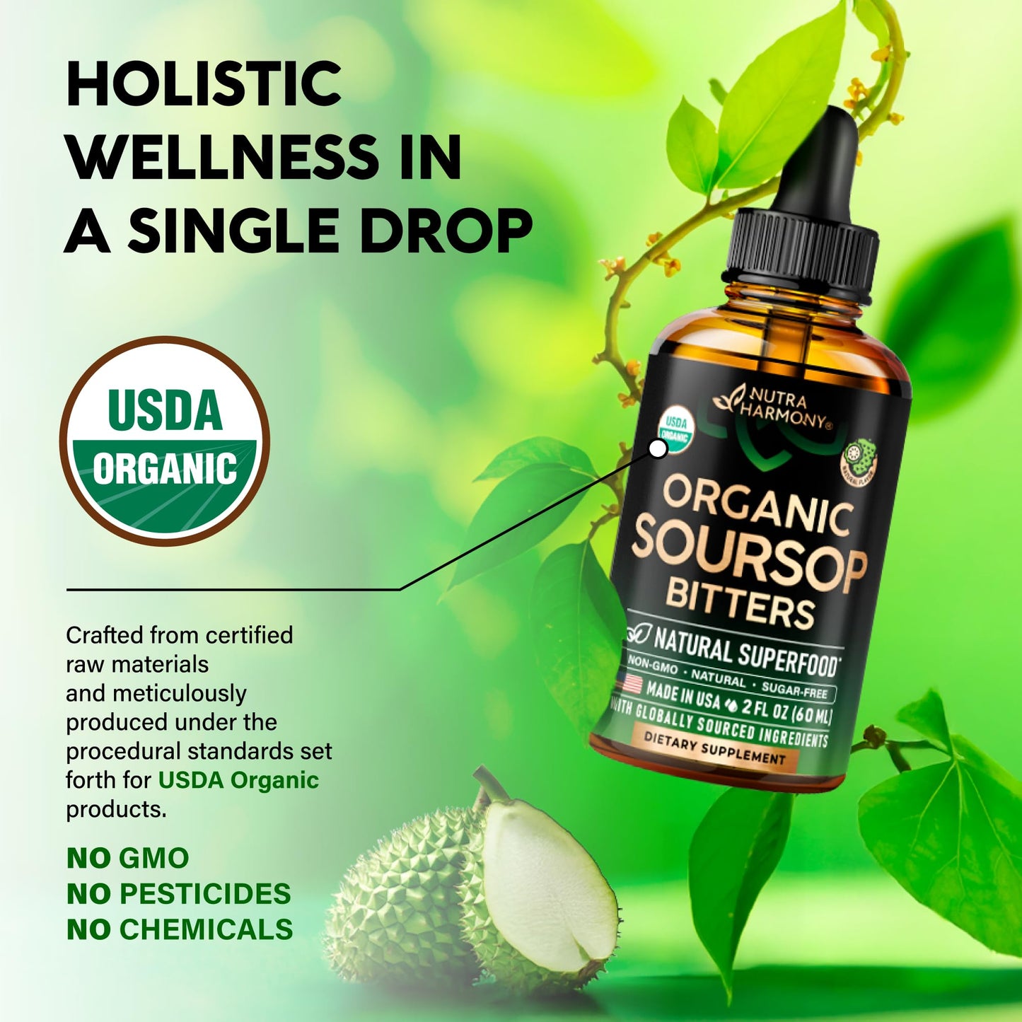 USDA Organic Graviola Soursop Bitters Liquid – Digestive Detox & Immune Support | 2 Fl Oz | Made in USA