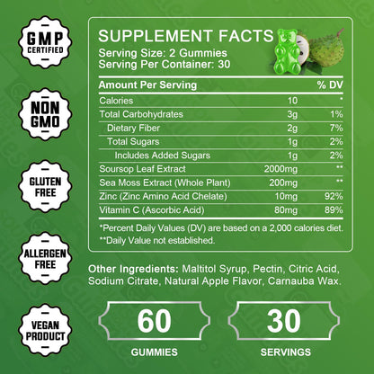 Organic Soursop Graviola Gummies – 2200mg, Zinc & Vitamin C (60)