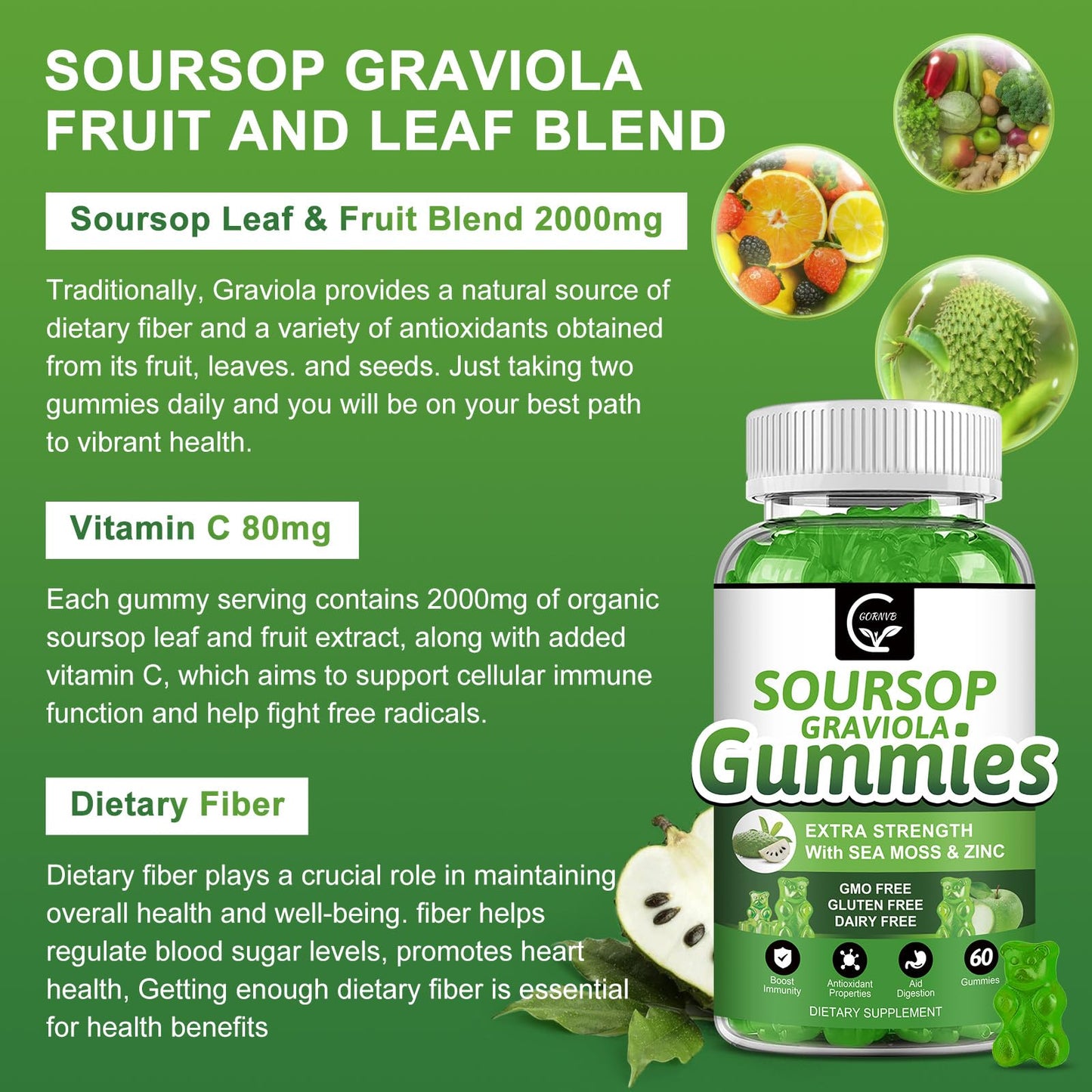 Organic Soursop Graviola Gummies – 2200mg, Zinc & Vitamin C (60)