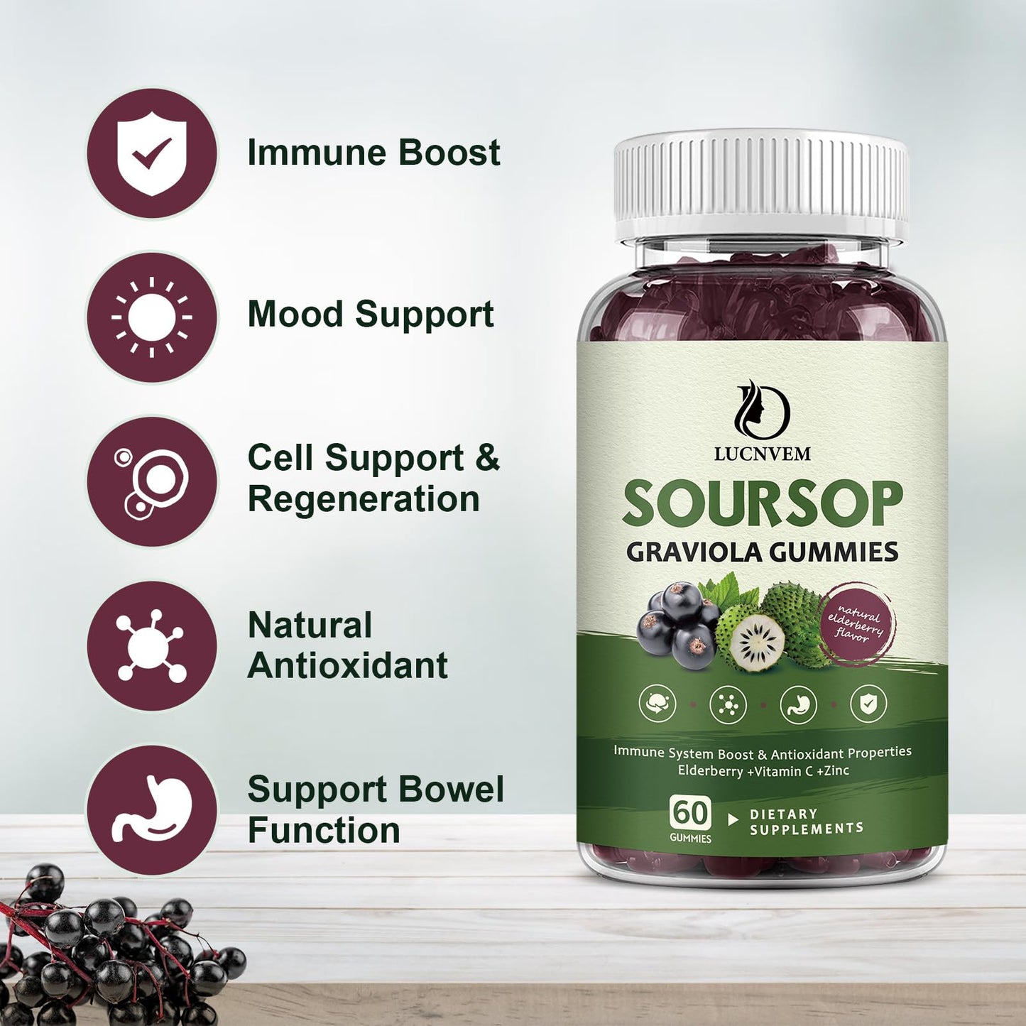Organic Soursop Graviola Gummies with Elderberry | Multivitamin, Immune Support & Skin Health | Vegan 60 Day Supply