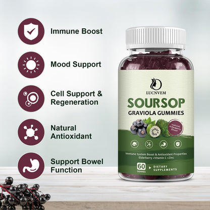 Organic Soursop Graviola Gummies with Elderberry | Multivitamin, Immune Support & Skin Health | Vegan 60 Day Supply