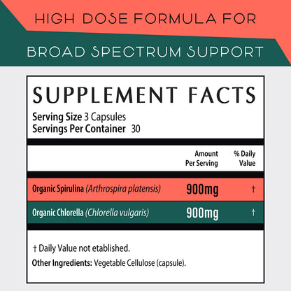 Organic Spirulina & Chlorella Capsules – Detox, Energy & Immune Support | 90 Ct