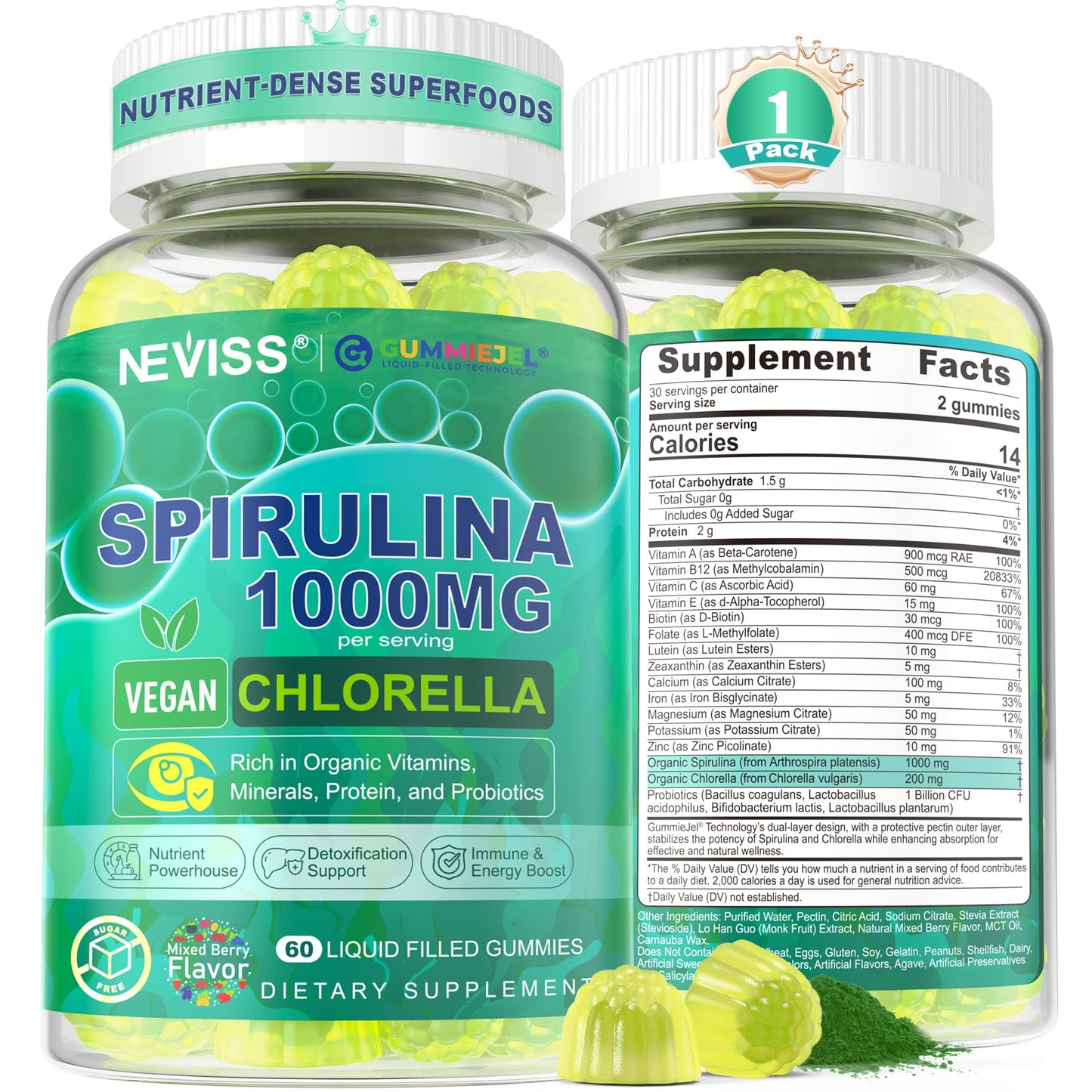 Organic Spirulina & Chlorella Gummies – Probiotic & Super Greens Supplement, 60 Count