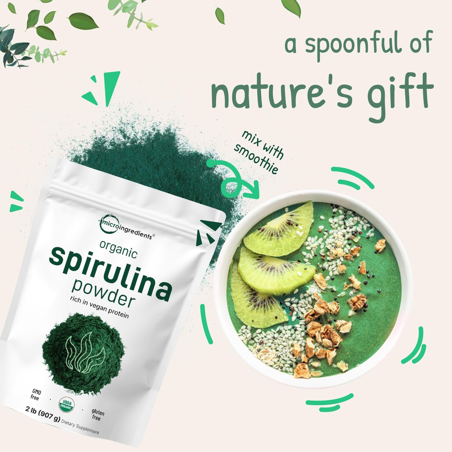 Organic Spirulina Powder 2lbs | Raw Blue-Green Algae | Vegan Protein & Antioxidants | Non-GMO & Filler-Free