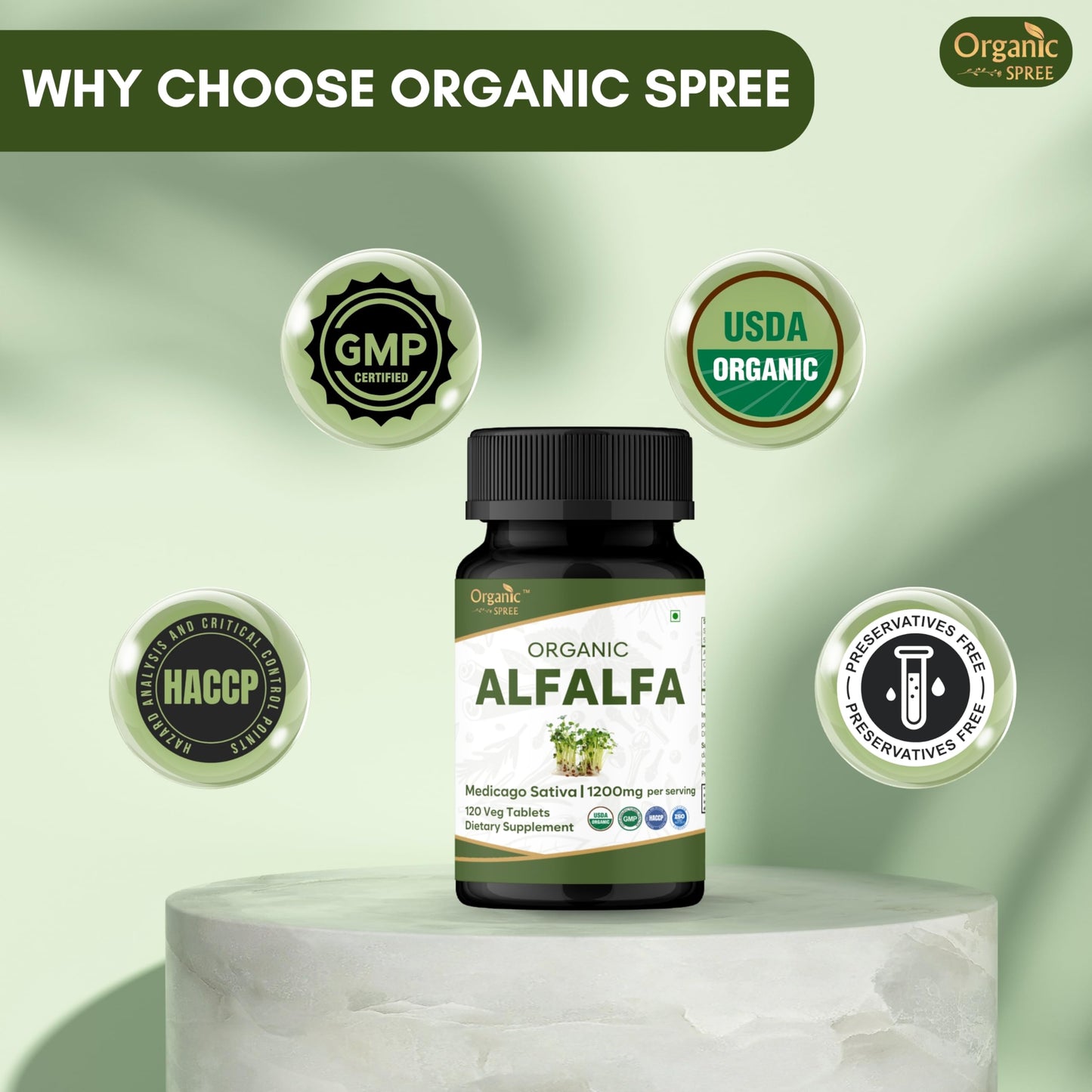 Organic Spree Alfalfa 120 Tablets | Medicago Sativa | USDA Organic | Pack of 3