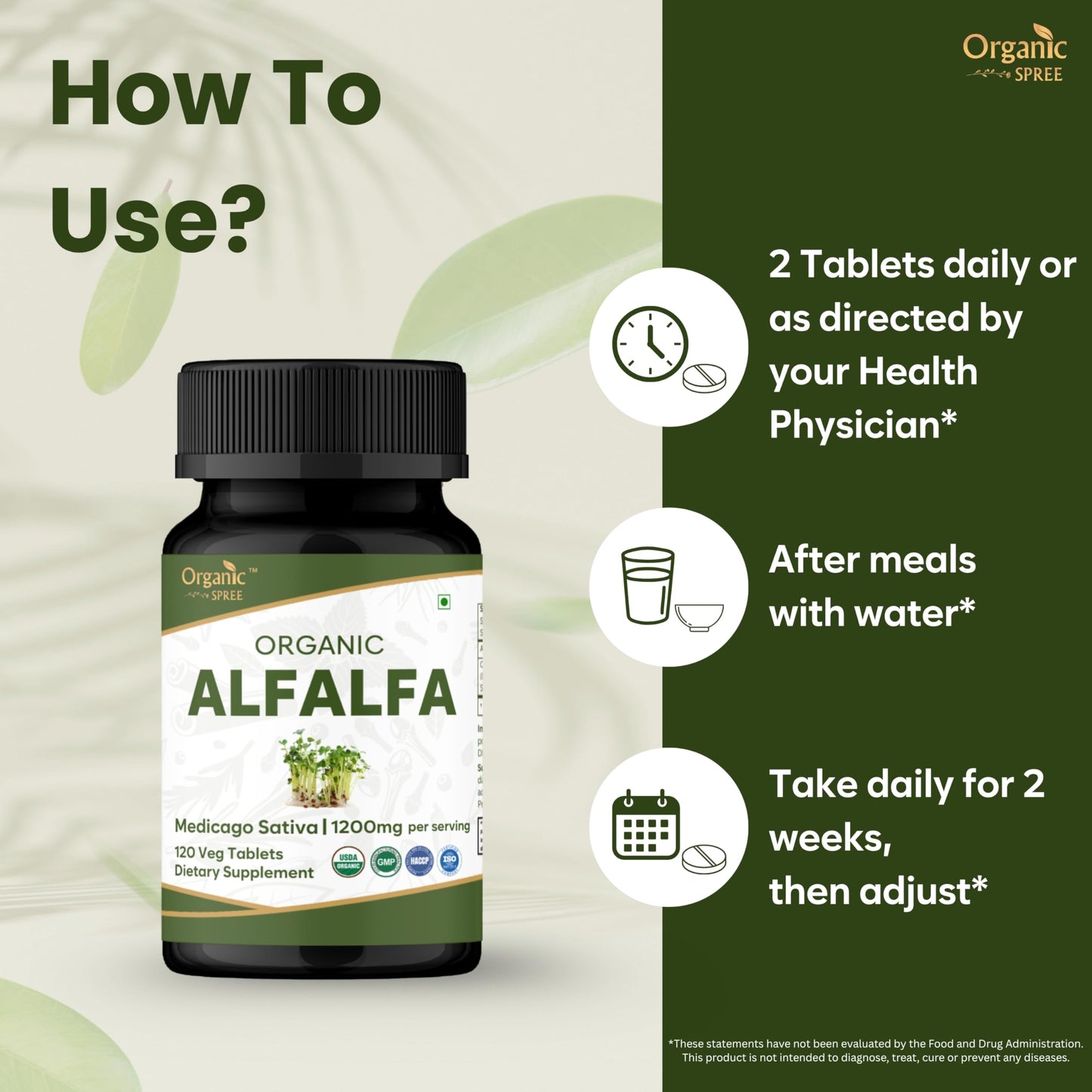 Organic Spree Alfalfa 120 Tablets | Medicago Sativa | USDA Organic | Pack of 3