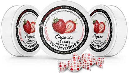 Organic Fresh Strawberry Ginger Tummydrops (Pack of 3 Tins, 54 Lozenges) – Gluten Free & Vegan