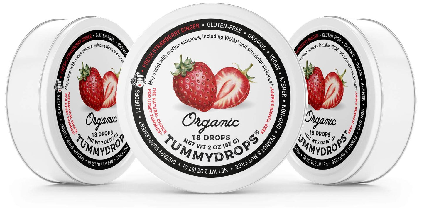 Organic Fresh Strawberry Ginger Tummydrops (Pack of 3 Tins, 54 Lozenges) – Gluten Free & Vegan