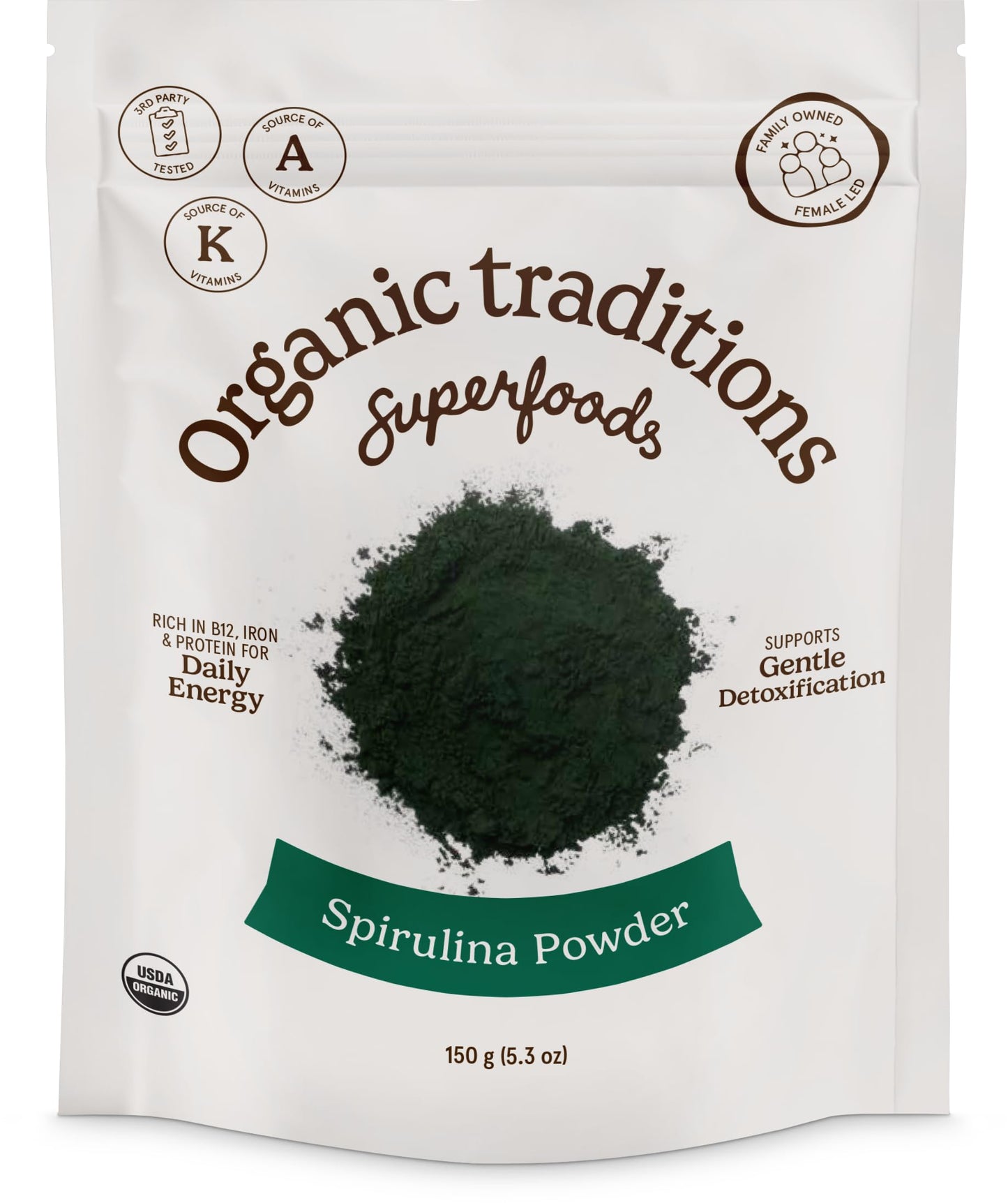 Organic Traditions Spirulina Powder – Organic, Vegan & Non-GMO, 5.3oz (150g) Bag | 50 Servings