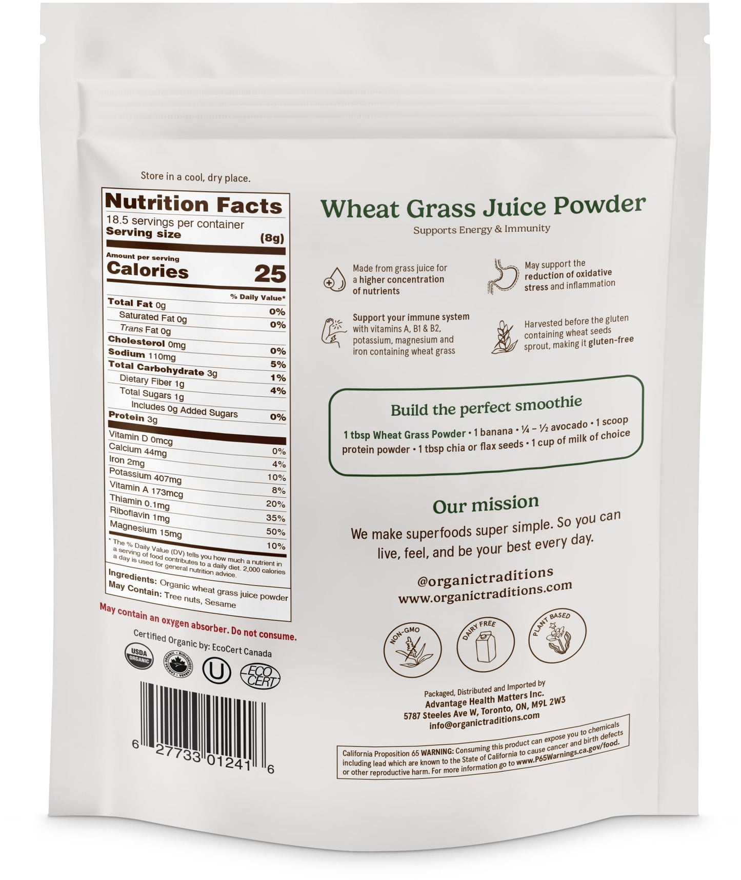 Organic Traditions Wheat Grass Powder - Gluten Free, Vegan, Non-GMO (150g)